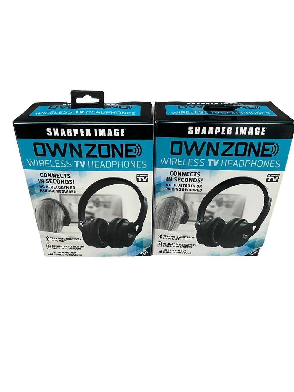 2 Sharper Image Own Zone Wireless TV Headphones w/ Transmitters 100ft Black